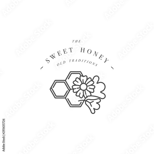 Vector illustartion logo and design template or badge. Organic and eco honey label- flowers with honeycomb. Linear style.