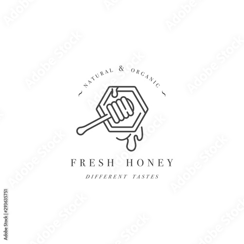Vector illustartion logo and design template or badge. Organic and eco honey label- stick or dipper for honey with honeycomb. Linear style.