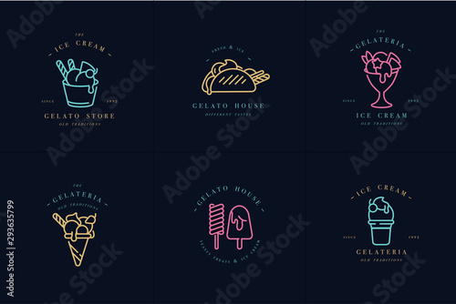 Vector set design colorful templates logo and emblems - ice cream and gelato. Difference ice cream icons. Neon colors.