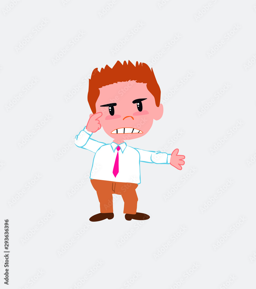 Businessman in casual style, is angry and points his head with his index finger.