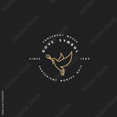 Vector linear illustration dove holding olive branch. Symbol of peace on earth. Golden color.