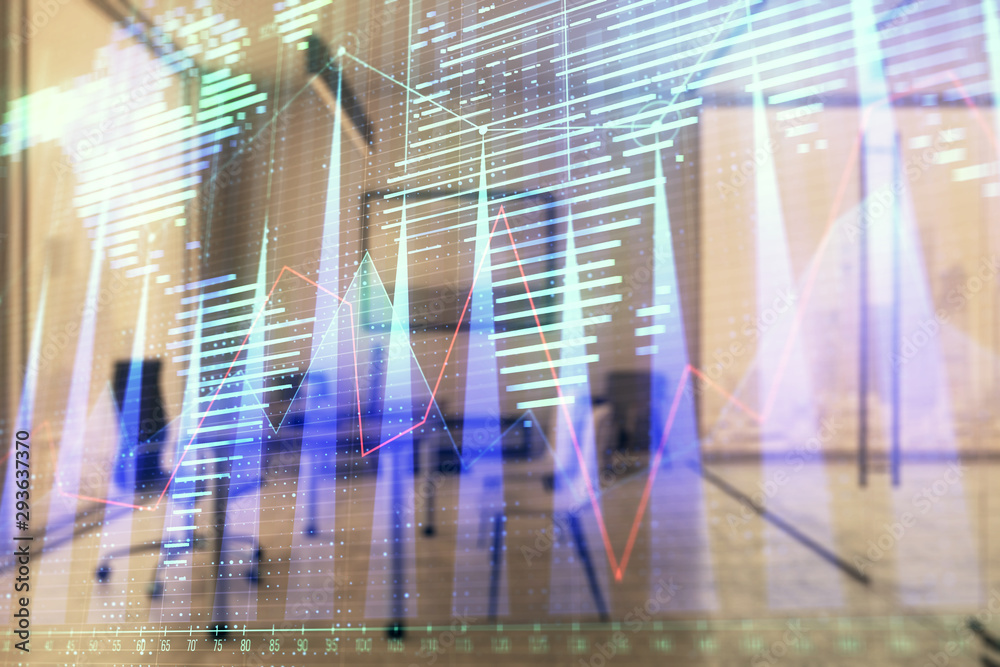 Obraz premium Forex chart hologram with map and minimalistic cabinet interior background. Double exposure. International business concept.