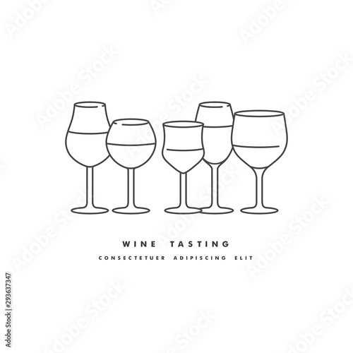Vector linear illustration set of different kinds of wine glasses isolated on white background.