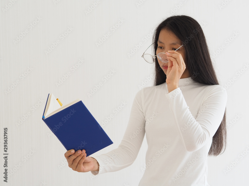 hyperopia or farsightedness in woman read a book,can be corrected with glasses or contact lenses, treatment of refractive surgery, such as laser assisted in situ keratomileusis or lasik or ck. hyperopia or farsightedness in woman read a book,can be corrected with glasses or contact lenses, treatment of refractive surgery, such as laser assisted in situ keratomileusis or lasik or ck.