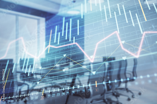 Double exposure of forex chart on conference room background. Concept of stock market analysis