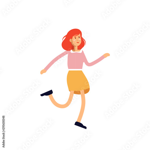 Vector illustration of young female character dancing in white background.