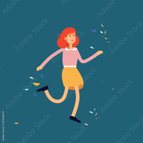 Vector illustration of young female character dancing in white background.