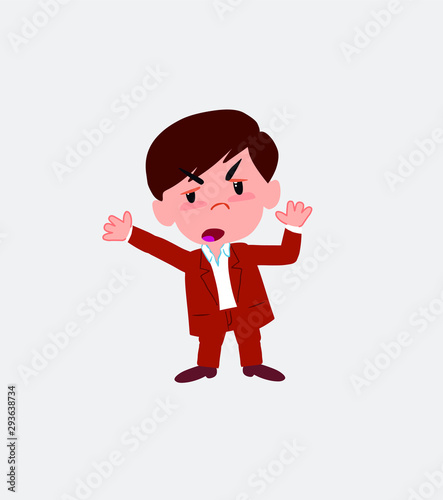 Businessman in casual style argues something with a gesture of discontent.