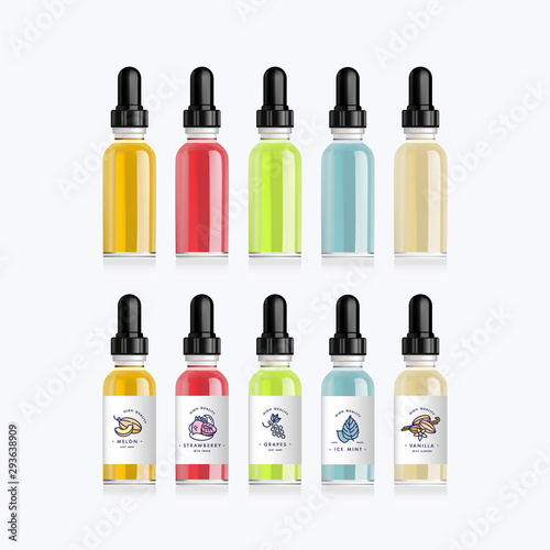 Realistic set bottles mock up with tastes for an electronic cigarette with different fruit flavors. Dropper bottle with design white labels. Vector illustration.