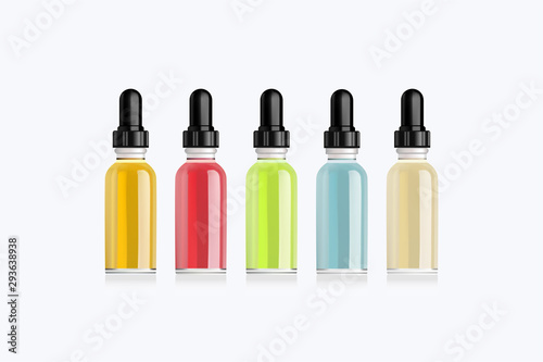 Realistic set bottles mock up with tastes for an electronic cigarette with different fruit flavors. Dropper bottle without labels. Vector illustration.