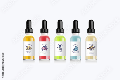 Realistic set bottles mock up with tastes for an electronic cigarette with different fruit flavors. Dropper bottle with design white labels. Vector illustration.