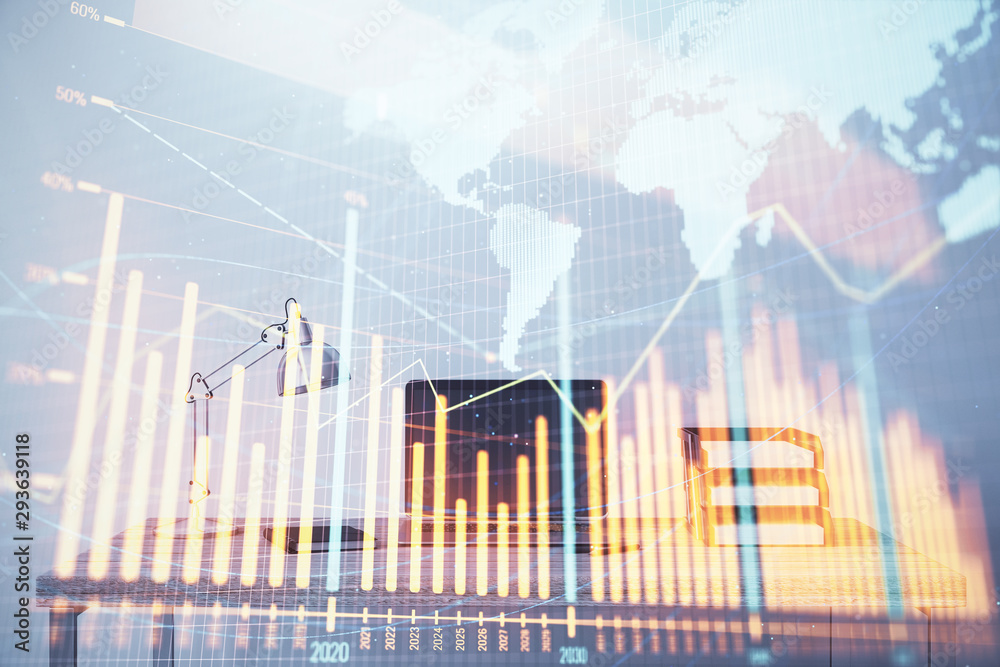 Stock market chart with globe hologram and desktop office computer background. Multi exposure. Concept of financial analysis. Stock market chart with globe hologram and desktop office computer background. Multi exposure. Concept of financial analysis.