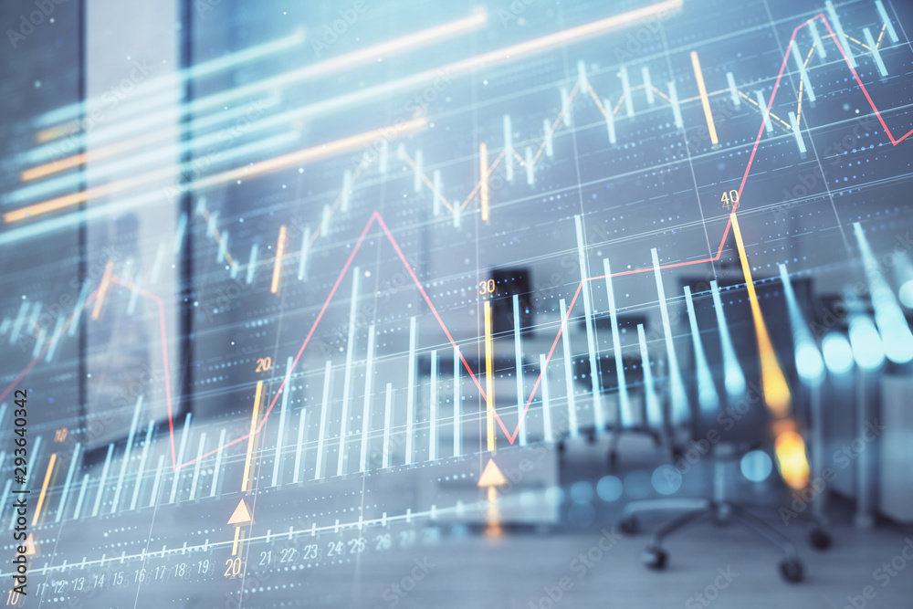 Stock market chart with trading desk bank office interior on background. Double exposure. Concept of financial analysis Stock market chart with trading desk bank office interior on background. Double exposure. Concept of financial analysis