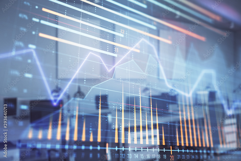 Stock market chart with trading desk bank office interior on background. Double exposure. Concept of financial analysis Stock market chart with trading desk bank office interior on background. Double exposure. Concept of financial analysis