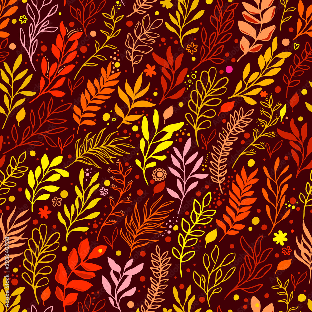 Autumn Floral seamless pattern with leaves. Vector