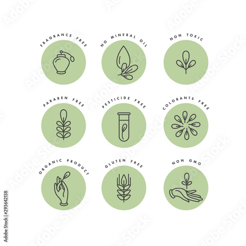 Vector set of logos, badges and icons for natural and organic products. Eco safe sign design. Collection symbol of healthy products.