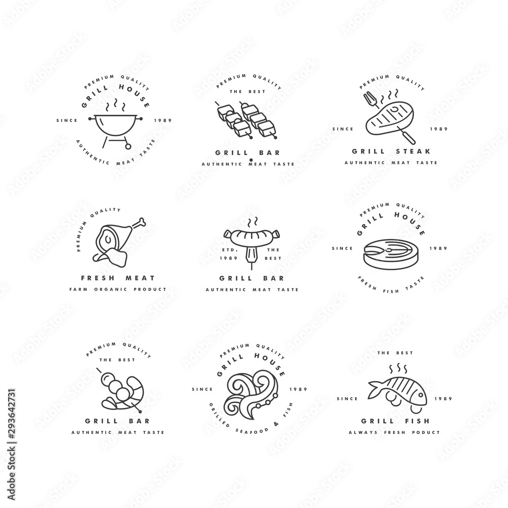 Vector set of logos design and templates for grill house. Meat emblems or badges of steak, sausage. fish and other types of meat.