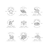 Vector set of logos design and templates for grill house. Meat emblems or badges of steak, sausage. fish and other types of meat.