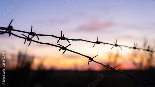 Black silhouette of barbed wire against the bright sunset.
