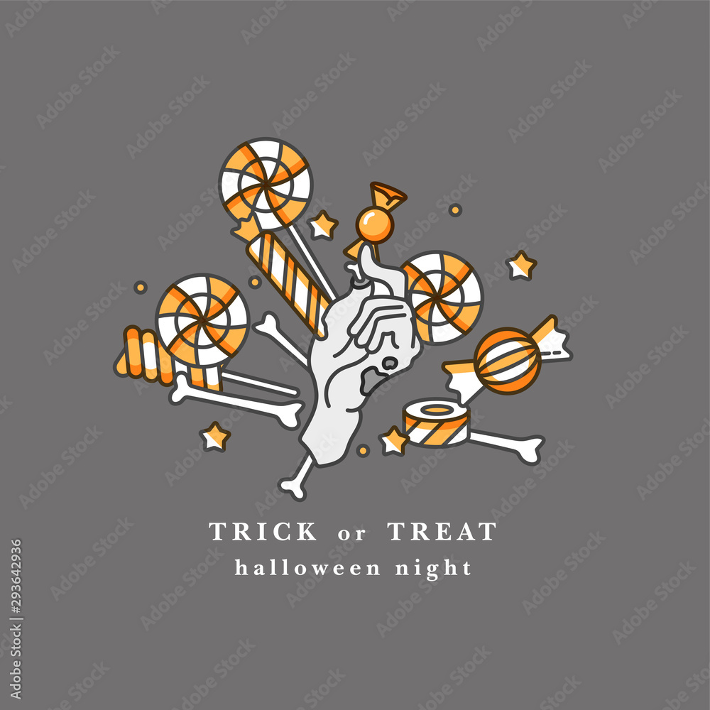 Fototapeta premium Vector illustration of severed zombie hand holding the candy. Happy Holloween party card with typography.