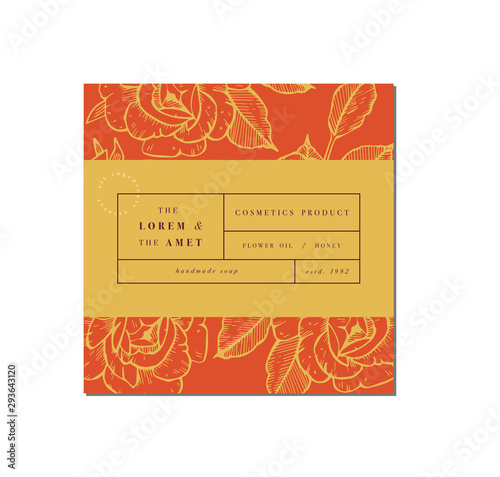 Vector patten for cosmetics with label template design. Pattern or wrapping paper for package and beauty salons. Botanical collection. Organic, natural cosmetic.
