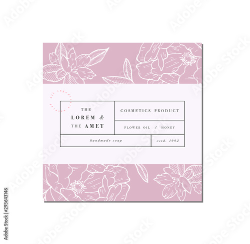 Vector patten for cosmetics with label template design. Pattern or wrapping paper for package and beauty salons. Botanical collection. Organic, natural cosmetic.
