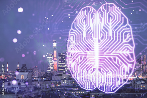 Double exposure of human brain drawing on Moscow cityscape background. Concept of data analysis