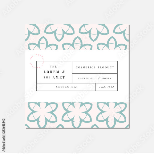 Vector patten for cosmetics with label template design. Pattern or wrapping paper for package and beauty salons. Botanical collection. Organic, natural cosmetic.