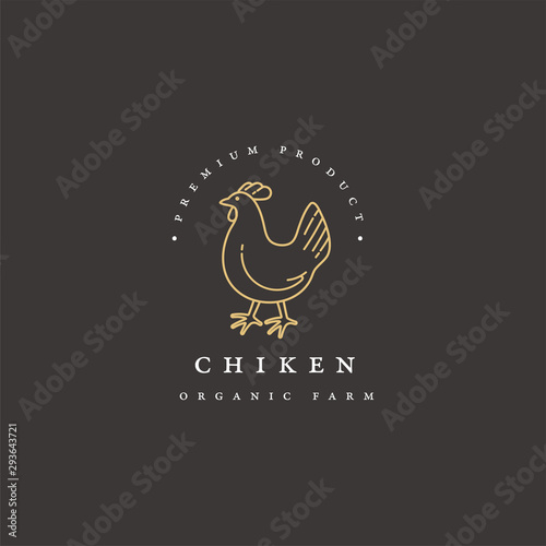 Vector design emblem and icon in linear style - chiken meat products - healthy food. Logo sign.