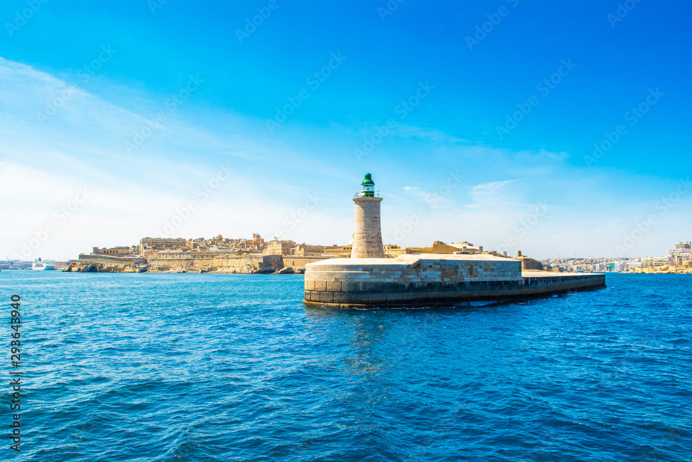 Landscape with St. Elmo Lighthouse and panorama of old Valletta