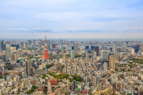 Aerial view of Tokyo Skyline at iconic Tokyo Tower from Mori Tower, the modern skyscraper and tallest building of Roppongi Hills complex in Minato District, Tokyo, Japan.