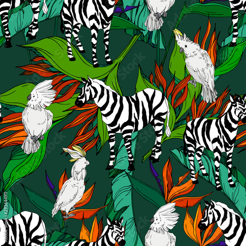 Vector Exotic zebra print wild animal isolated. Black and white engraved ink art. Seamless background pattern.