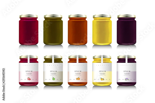 Glass jars with with jam, configure or honey. Vector illustration. Packaging collection. Label for jam. Bank realistic. Mock up jam jars with design labels or badges. photo