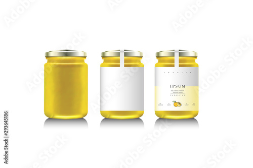 Realistic glass bottle packaging for fruit jam design. Lemon jam with design label, typography, line lemon or citrus icon. Mock up.
