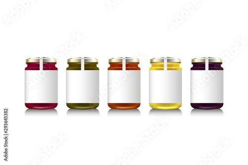 Glass jars with with jam, configure or honey. Vector illustration. Packaging collection. Label for jam. Bank realistic. Mock up jam jars with design labels or badges.