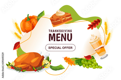 Thanksgiving holiday menu design template. Vector flat cartoon illustration. Abstract white frame, poster or banner