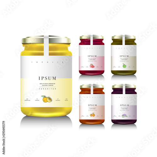 Glass jars with with jam, configure or honey. Vector illustration. Packaging collection. Label for jam. Bank realistic. Mock up jam jars with design labels or badges.