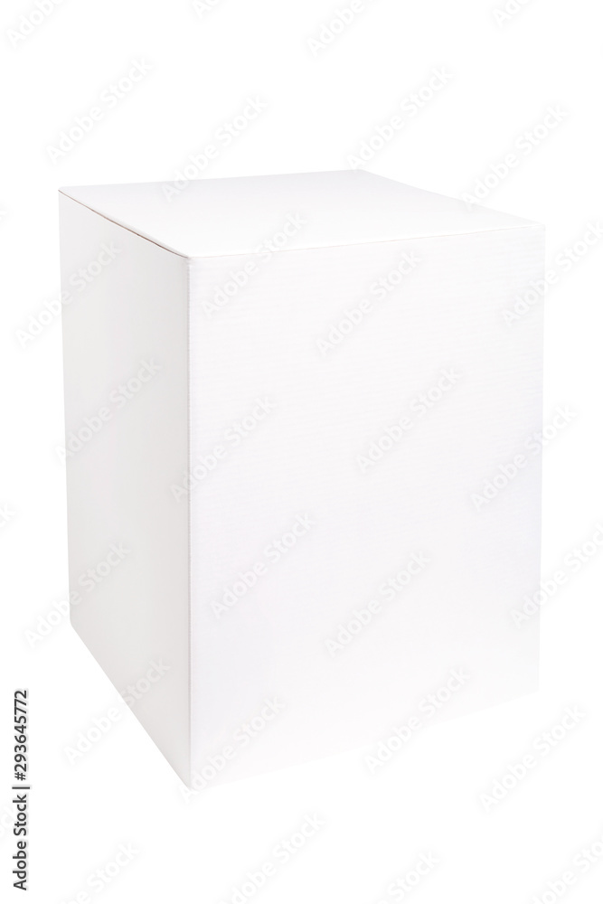 Blank white vertical box mockup. White cardboard box isolated on white background Blank white vertical box mockup. White cardboard box isolated on white background