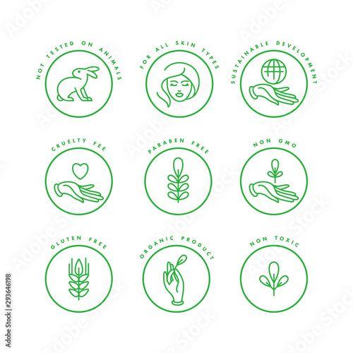 Vector set of logos, badges and icons for natural and organic products. Eco safe sign design. Collection symbol of healthy products.