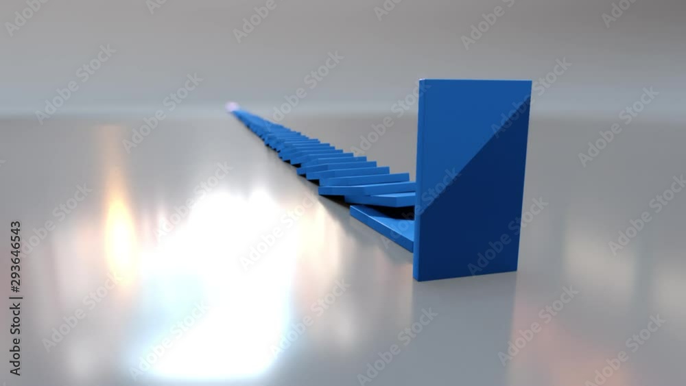 Blue domino chain reaction with depth of field