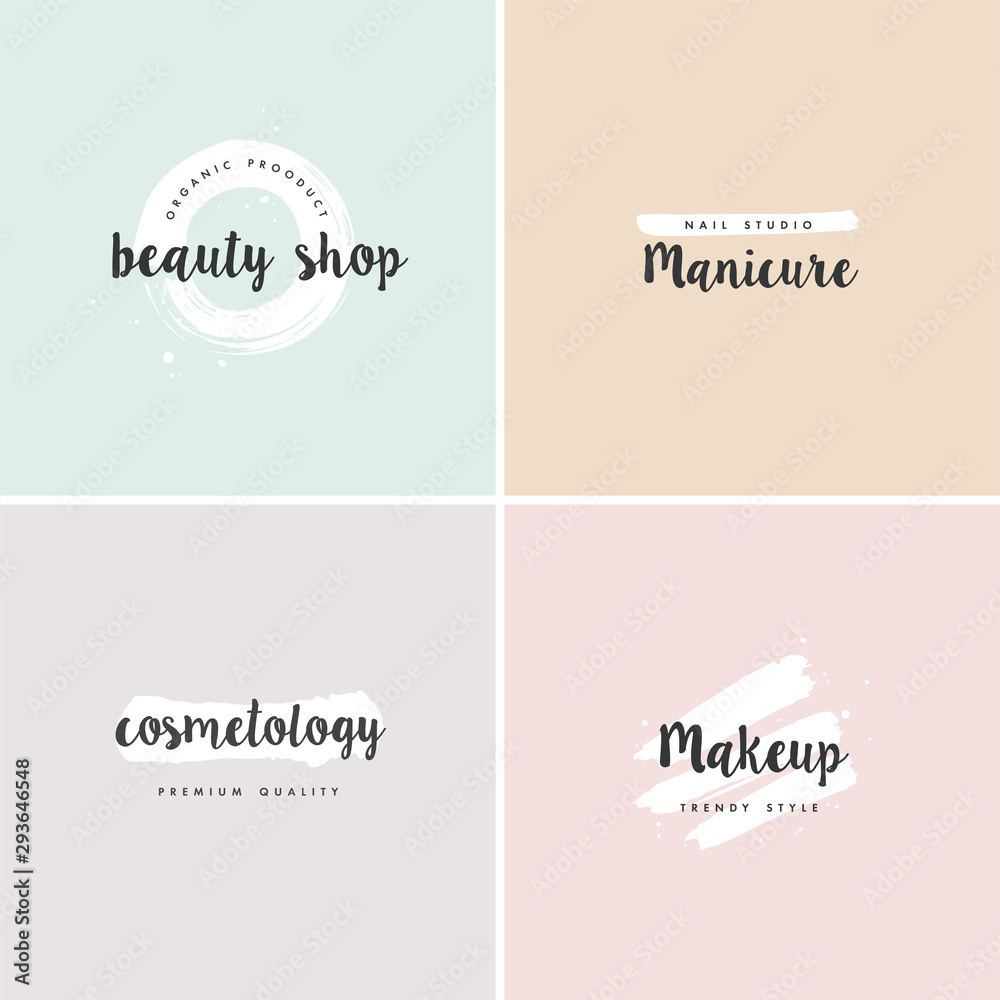 Vector set of emblems, badges and logo design templates for beauty shops, manicure, cosmetology and makeup with with round spots and brush stroke. Vector set of emblems, badges and logo design templates for beauty shops, manicure, cosmetology and makeup with with round spots and brush stroke.
