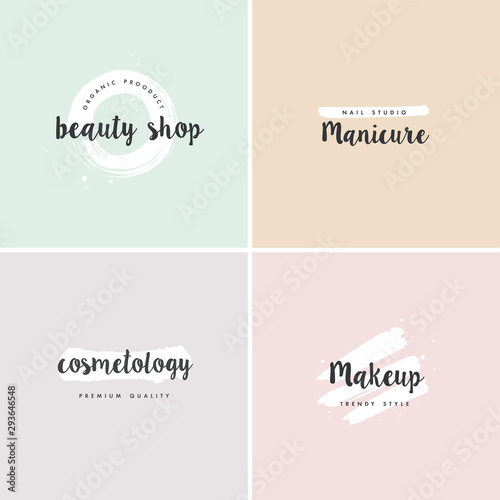 Vector set of emblems, badges and logo design templates for beauty shops, manicure, cosmetology and makeup with with round spots and brush stroke.