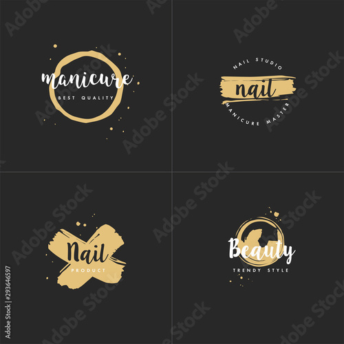 Vector set emblems, badges or logos design templates for nail studio, beauty shop sign with round spots and brush stroke. Golden icon.