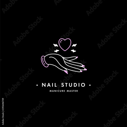 Vector emblem, badge or logo design templates for nail studio, beauty shop sign in trendy linear style. Woman palm with lovely manicure.