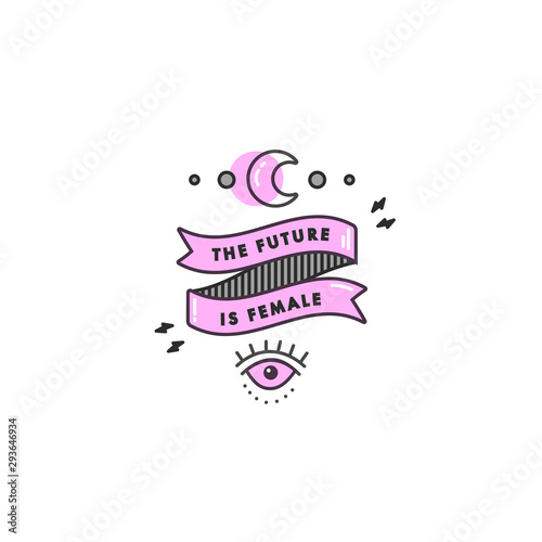 Girl power quote. Icon set fashion symbol with moon, eye and ribbom with motivation quote. Vector doodle illustration. Feminism slogan. Vector poster or card.