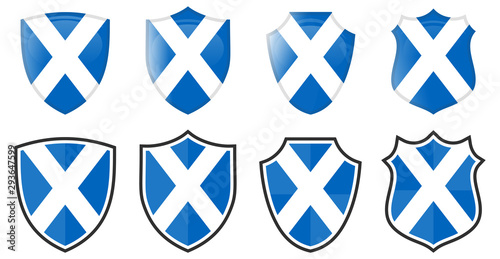 Scotland flag in shield shape, four 3d and simple versions. Scottish icon / sign