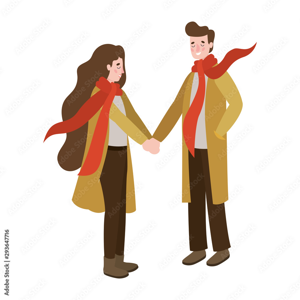 couple walking with autumn suit characters