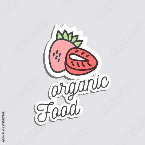 Stickers or patch badge and cartoon illustration strawberry. Vector doodle summer tasty fruit.