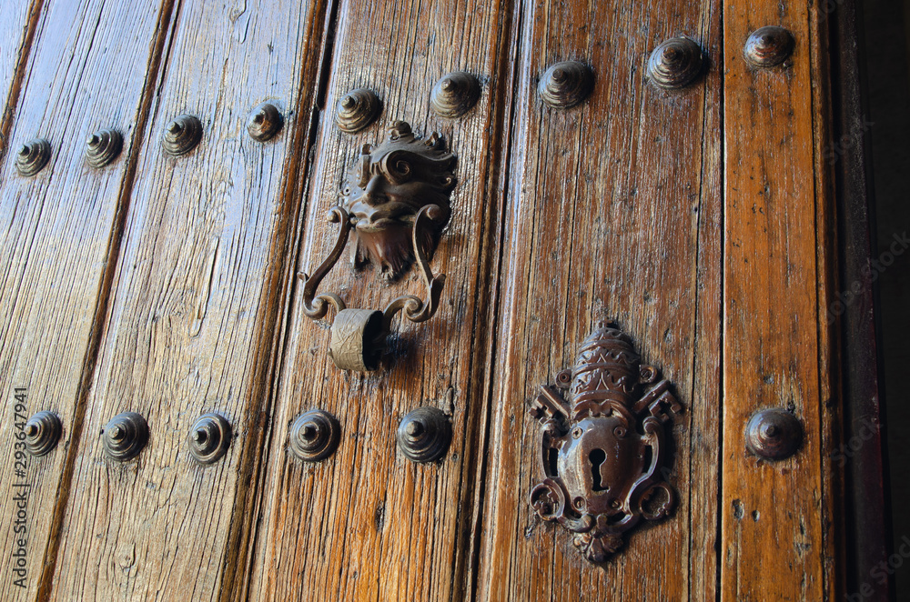 Vintage wooden door with knocker and lock