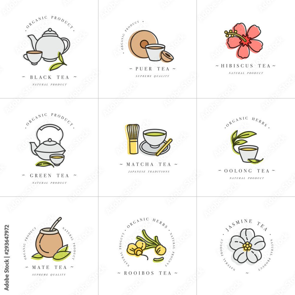 Vector set design colorful templates logo and emblems - organic herbs and teas . Different teas icon. Logos in trendy linear style isolated on white background.